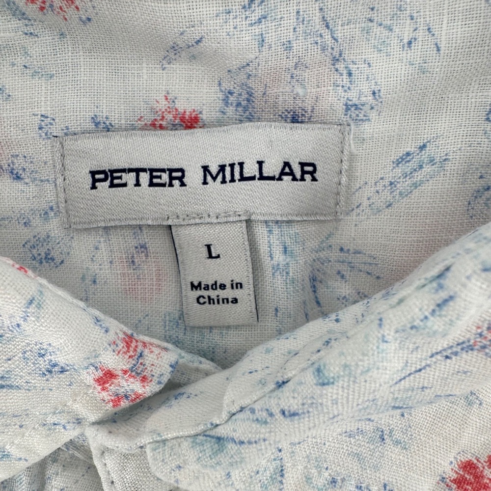 Peter Millar Linen Shirt Mens Large Linen White Red Blue Floral Short Sleeve - Picture 4 of 8